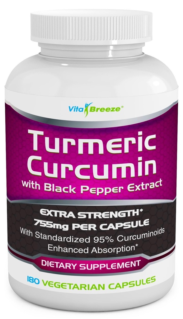 Gurkemeje Kompleks med Black Pepper Extract - 755mg per kapsel, 180 Veg. Caps - Indeholder Piperine (for Superior Absorption og Tumerisk Bio- Tilgængelighed) og 95% Standardiserede Curcuminoider