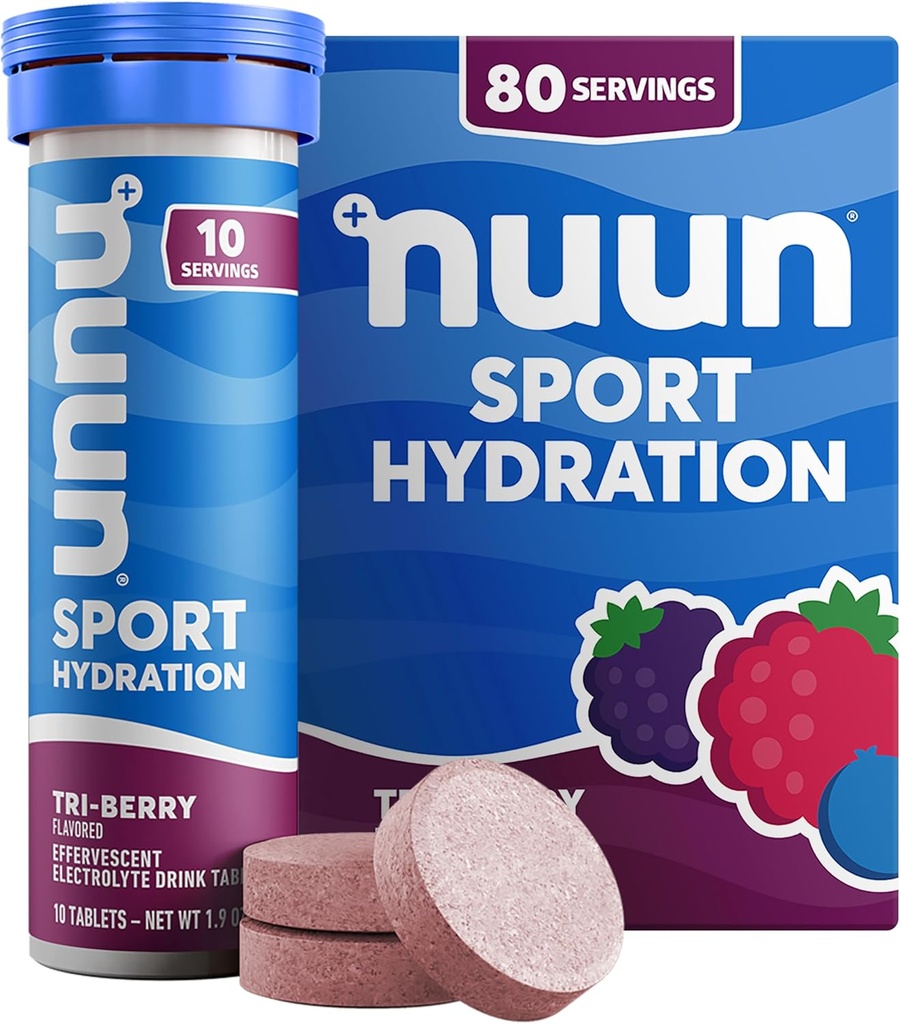 Nuun Sport Electrolyte Tablets with Magnesium, Calcium, Kalium, Chloride & Natrium, Gluten Free & Vegan, Tri- Berry, 8 Pack (80 Servere i alt)