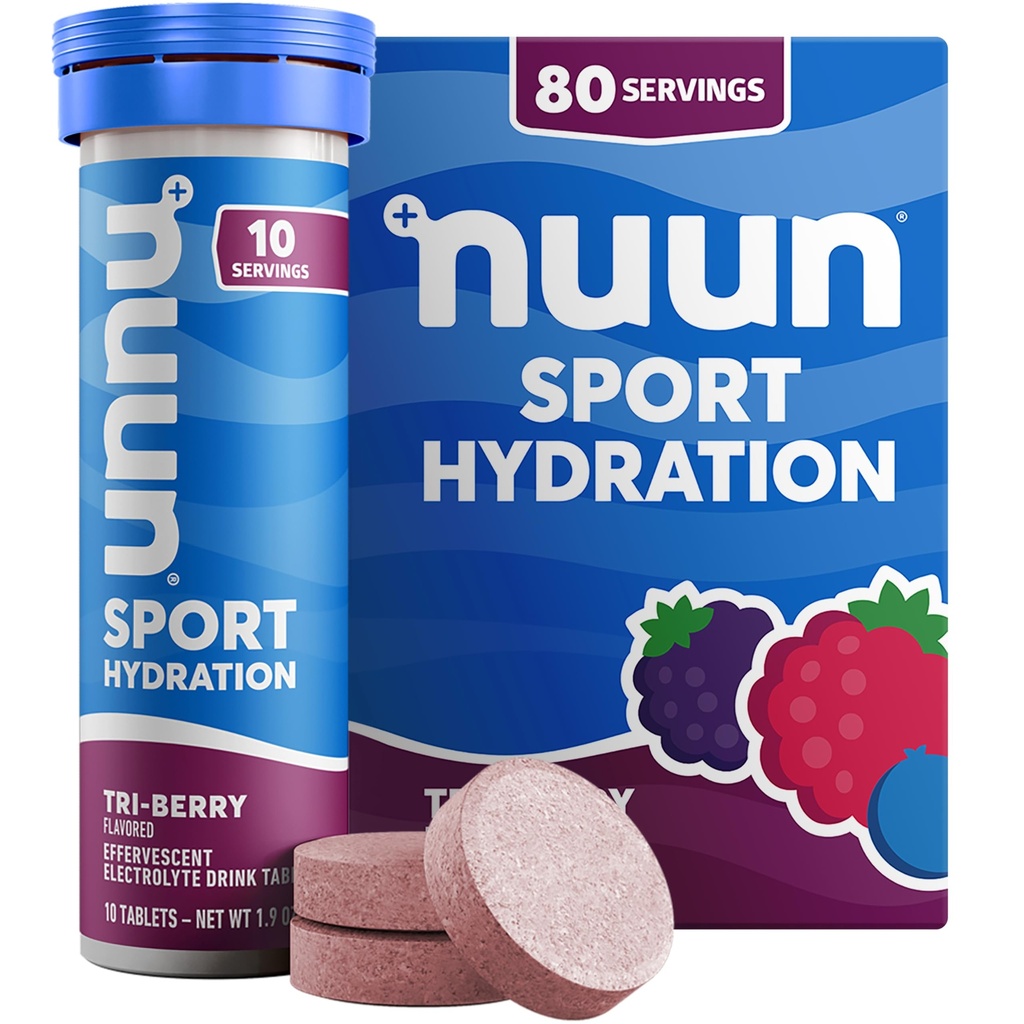 Nuun Sport Electrolyte Tablets with Magnesium, Calcium, Kalium, Chloride & Natrium, Gluten Free & Vegan, Tri- Berry, 8 Pack (80 Servere i alt)