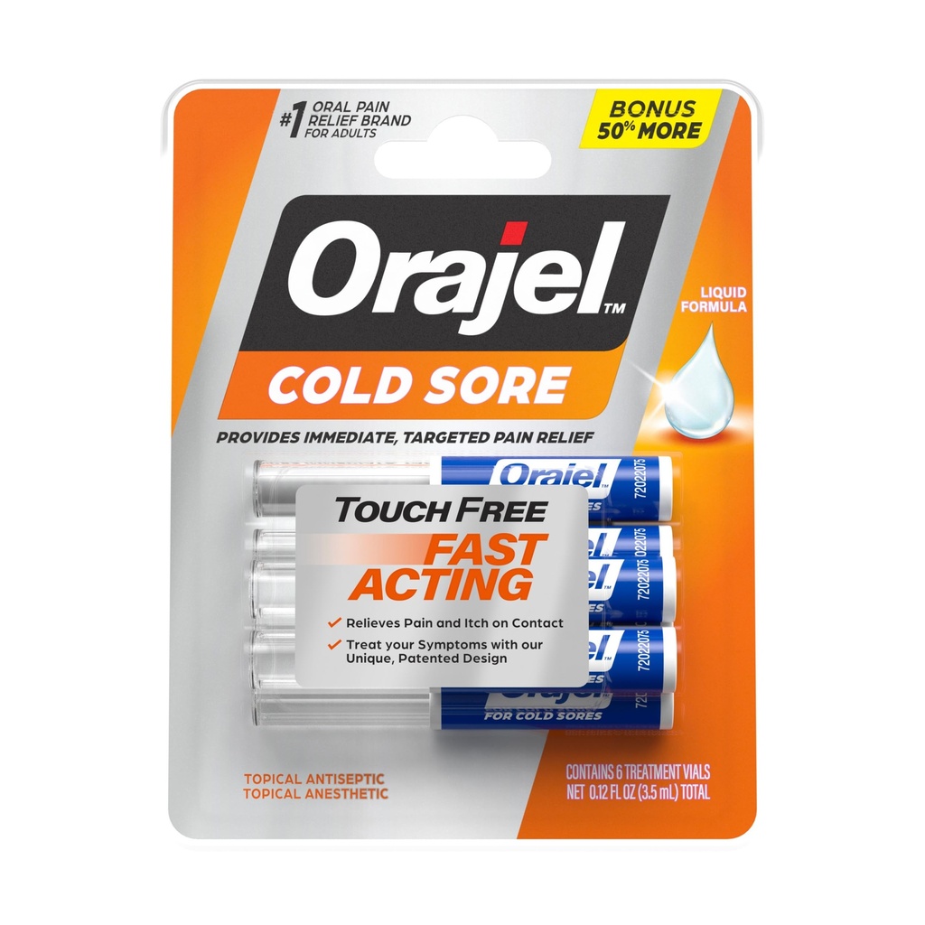 Orajel Touch Free Cold Sore Treatment .12oz, flydende formel, Giver øjeblikkelig & målrettet smertelindring, Bonus størrelse, 6 Applikatorer.