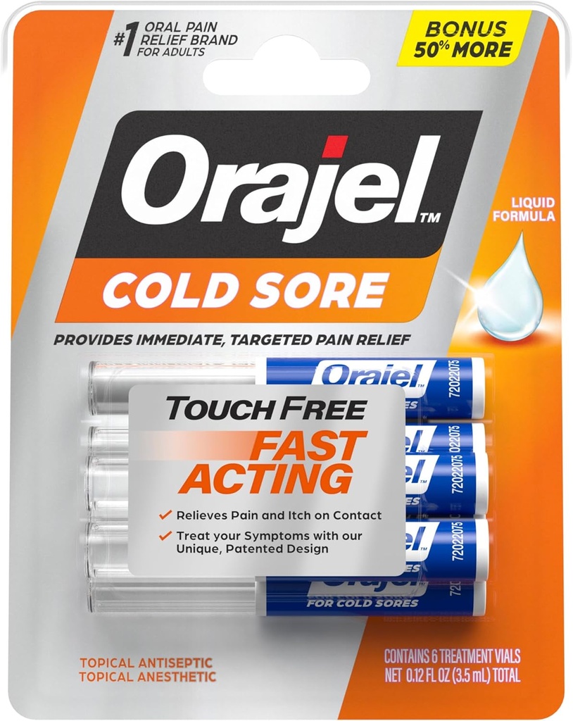 Orajel Touch Free Cold Sore Treatment .12oz, flydende formel, Giver øjeblikkelig & målrettet smertelindring, Bonus størrelse, 6 Applikatorer.