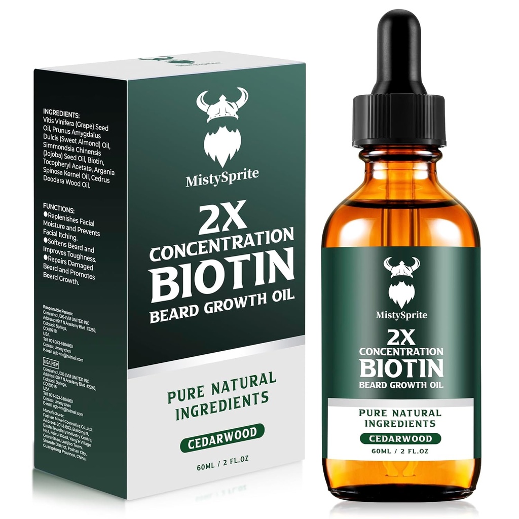 Beard Growth Oil - 2X Koncentration Biotin Beard Oil til mænd (2 oz) - Natural Herre Beard Oil med Argan Oil, Jojoba Oil and Vitamin, Beard Growth Softener, Fugt (Cedarwood)