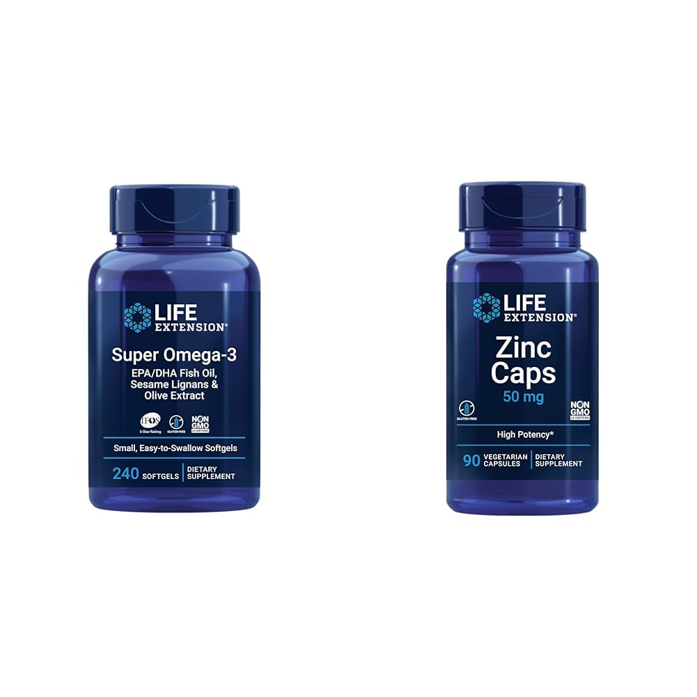 Life Extension Super Omega-3 EPA / DHA Fish Oil, Sesame Lignans & Olive Extract - Omega 3 Supplement & Zink Caps, zink 50 mg, zink Citrat, Support Kropets immunforsvar