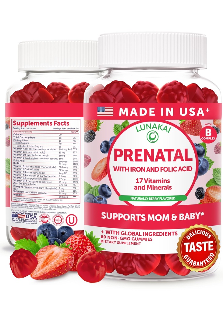 Lunakai USA Lavet prenatale vitaminer med jern & folinsyre - lækker graviditet Multivitamin gummier for kvinder, 60 Greve