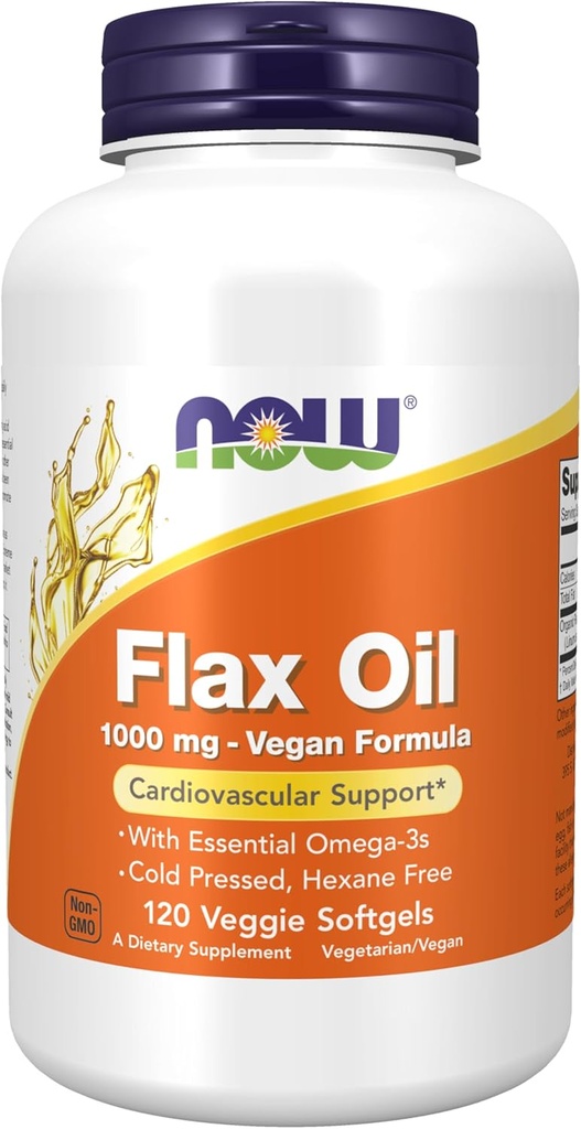 Now Foods Supplements, Flax Oil 1000 mg med Essential Omega- 3s, Cold Pressed, Hexane Free, Vegan Formel, 120 Veg Softgels