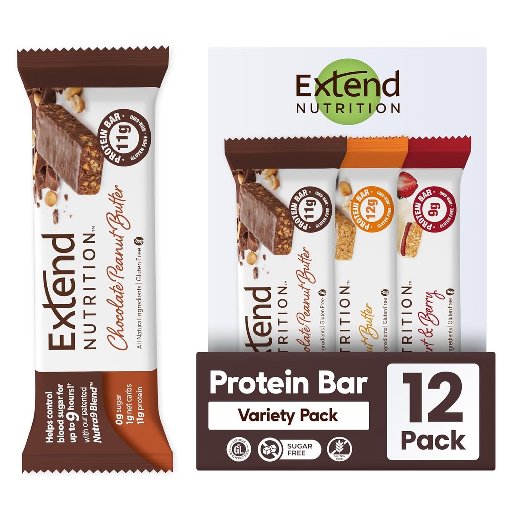 Extend Sugar Free Protein Bars, Perfect Diabetic Snacks, High Protein and Fiber, Hunger Control & Steady Energy, Low Carb, Keto Friendly (12 Count, Variety Pack)