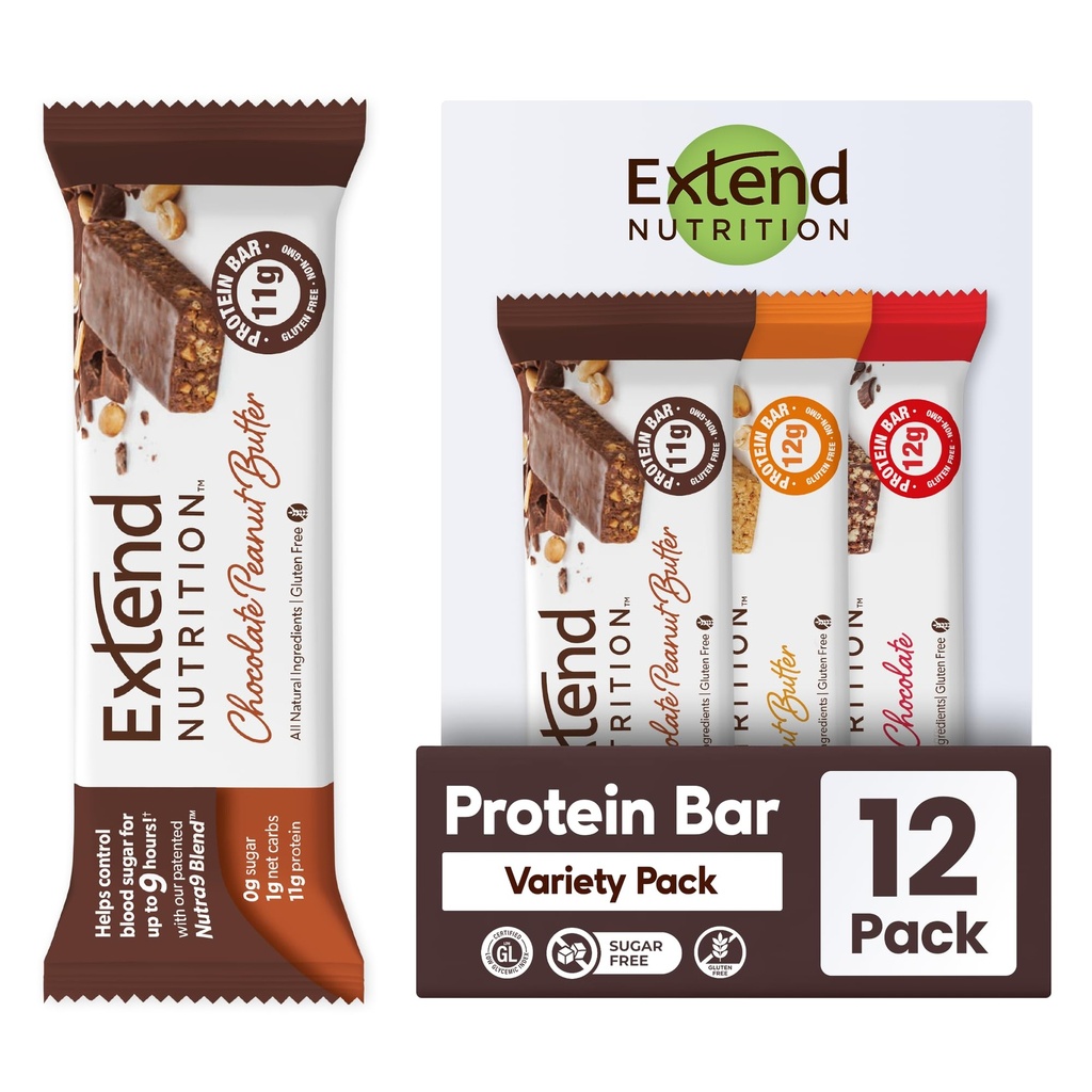 Udvid sukkerfrie proteinstænger, perfekte Diabetic Snacks, High Protein og Fiber, Hunger Control & Steady Energy, Low Carb, Keto Friendly (12 Greve, Variety Pack)