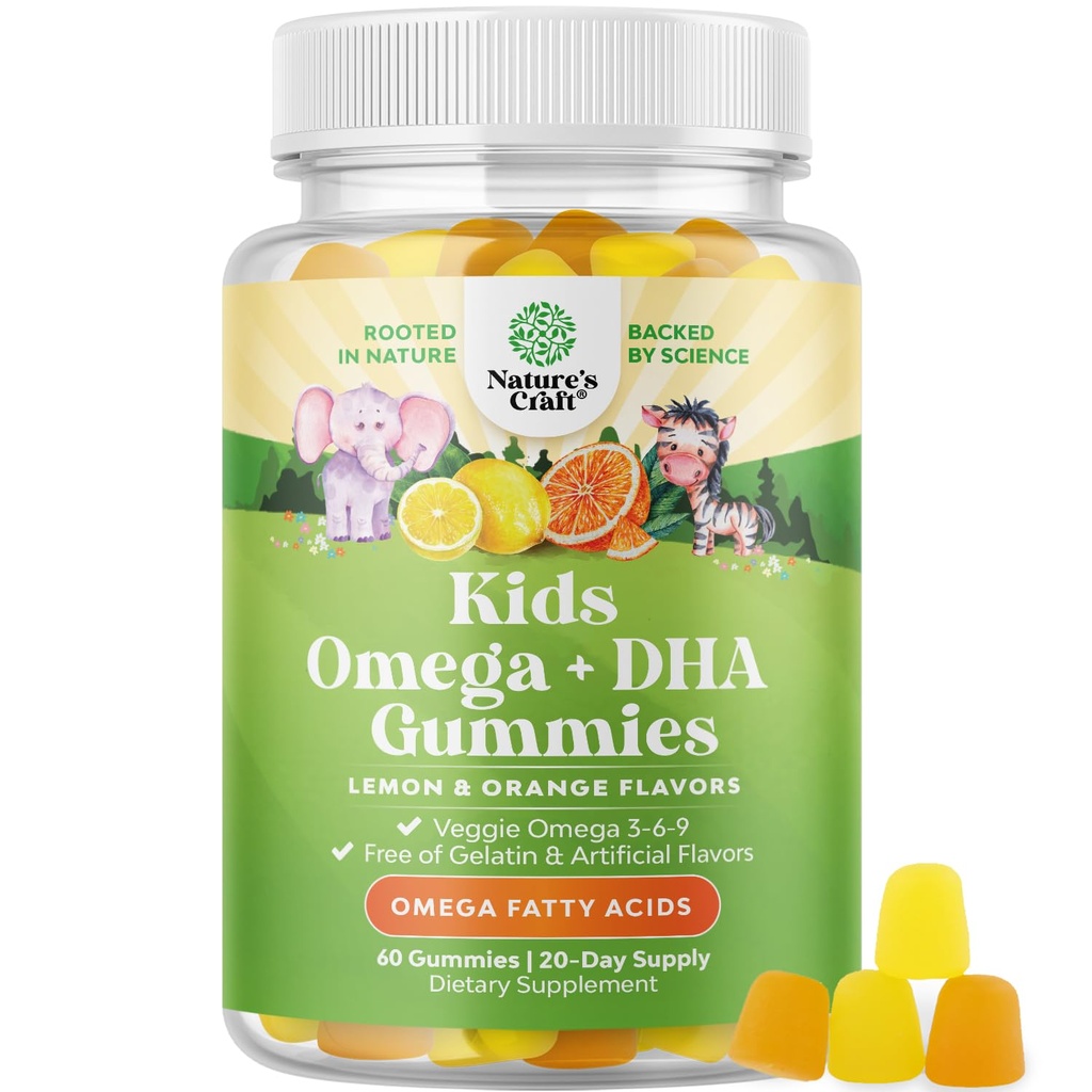 Kids DHA Omega 3 Gummies - Fedtsyrer Omega 3 6 9 for hjerne, immunstyrke & vision - Nutritional DHA for Kids for Sund Nervesystemet & Focus Support - Fisk fri, Vegan & Non- GMO - 60 Chews