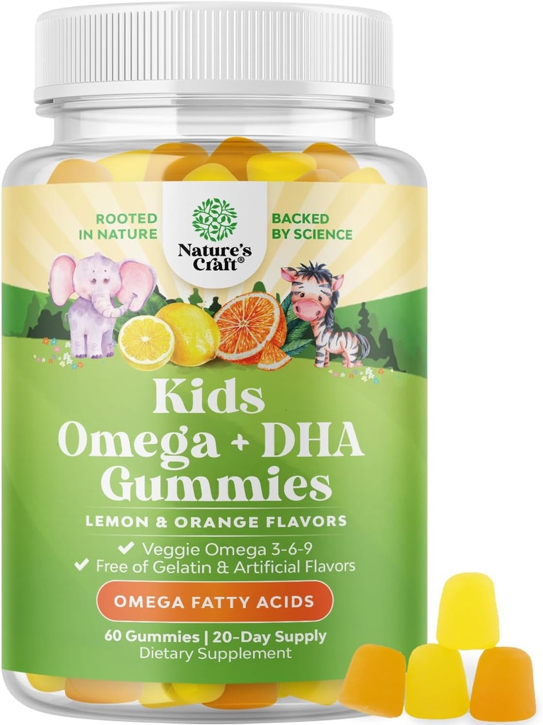 Kids DHA Omega 3 Gummies - Fedtsyrer Omega 3 6 9 for hjerne, immunstyrke & vision - Nutritional DHA for Kids for Sund Nervesystemet & Focus Support - Fisk fri, Vegan & Non- GMO - 60 Chews