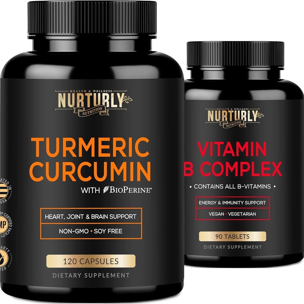 B-vitamin Complex og gurkemeje - Indeholder alle essentielle B-vitaminer - B1, B2, B3, B5, B6, B7, B9, B12 og biotin - Høj Absorption gurkemeje Kosttilskud 1300mg til fælles, jord sundhed