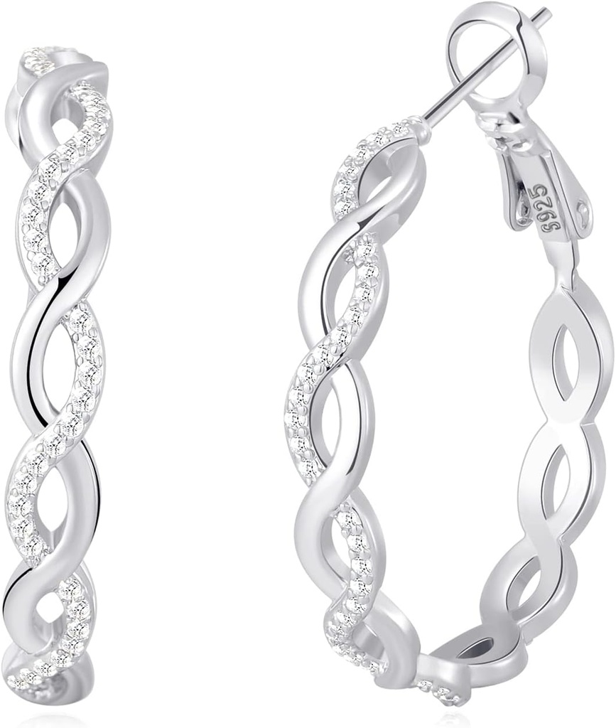 Senteria 925 Sterling Sølv Øreringe til kvinder Letvægts Twisted Hoop Øreringe med Cubic Zirconia Hypoallergene Øreringe (20 / 30 / 40 / 50 / 60MM)