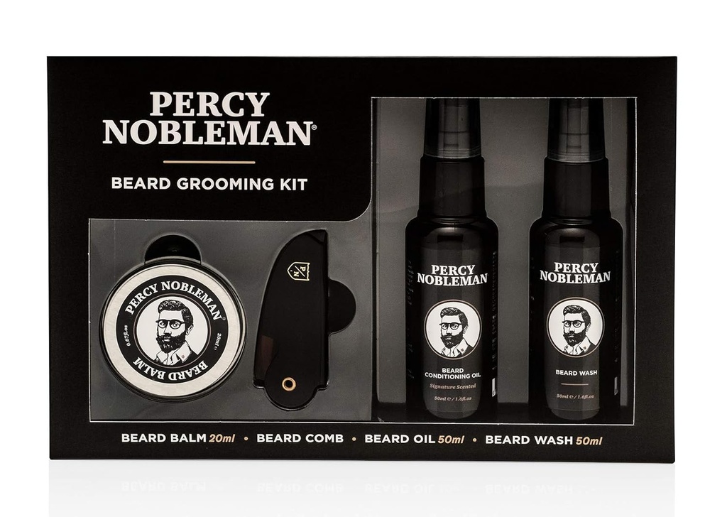 Percy Nobelman Beard Grooming Kit - Signature Scoted Beard Oil 50ml, Wash 50ml, Balm 20ml & Comb
