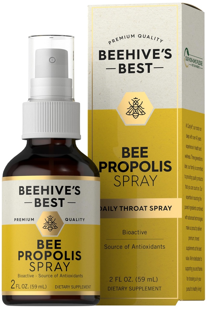 Carlyle Bee Propolis Throat Spray • 124; 2 fl oz • 124; Kilde til antioxidanter • 124; Bioaktivt supplement • 124; Non- GMO • 124; af Beehides Bedste