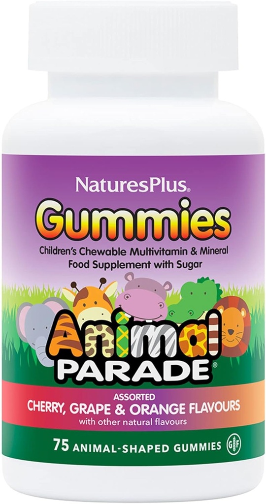 NaturePlus Animal Parade Kilde til liv Gummies - Natural Orange, Grape og Cherry Flavors - 75 Animal Shaped Gummies - Whole Food Kid 's Multivitamin - Gluten- Free - 37 Servering