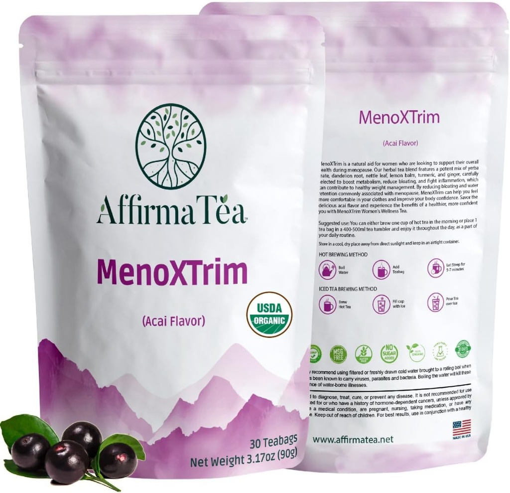MenoXTrim Organic Menopause Relief: Hormon Balance: 124; Bloating Measures 124; Hot Flashes Measures 124; Overskydende Vand Measurement 124; Middlife Belly Measurement 124; Yerba Mate, Mælkebøtte Leaf, Lemon Balm, Turmerisk, Ginger Measurement 124; Natural Açai Flavor.