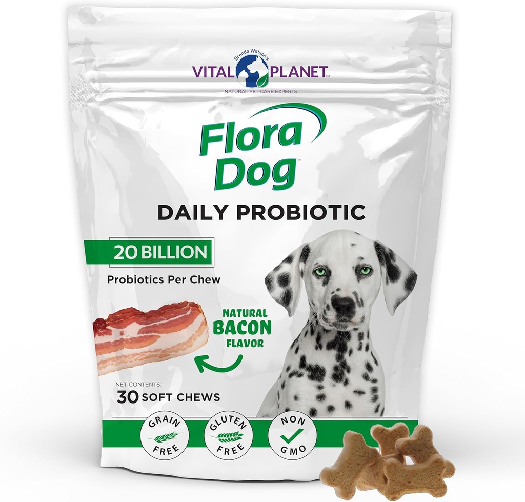 Vital Planet - Flora Dog Probiotika, Hundetyggere Supplement med 20 Millioner kulturer og 11 Stammer, Immun og fordøjelsesstøtte Chewable Probiotika til hunde, 30 Natural Bacon Flavored Soft Chews
