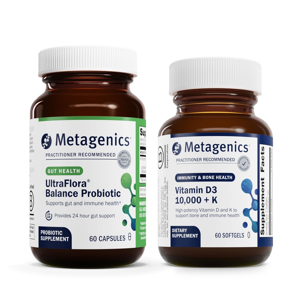 Metagenics Daily Gut and immunsupport Duo: UltraFlora Balance Probiotic for fordøjelsessygdomme - 60 Kapsler & immunsupport & vitamin D3 10.000 + K - 60 Softgels