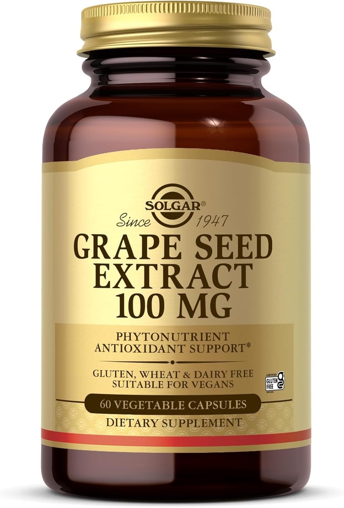 Solgar Grape Seed Extract 100 mg, 60 Vegetabilske kapsler - Phytonutrient Antioxidant Support - Vegan, Gluten Free, Dairy Free - 60 Servering