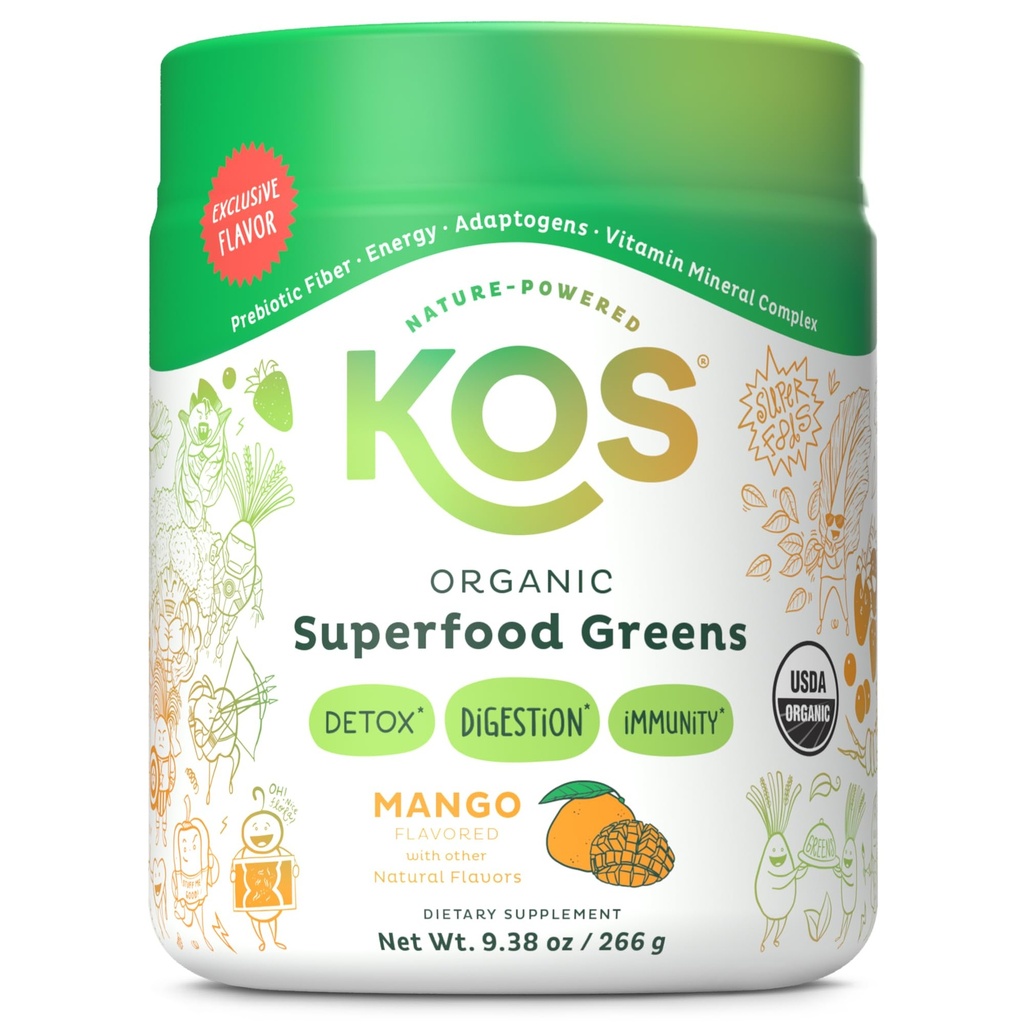 KOS Organic Superfood Green Powder - Gut Sundhed fra Prebiotic Fiber, Supergreens og Adaptogens - USDA Certified Organic, Lavet i en GMP Certified Facility - 28 Servings Mango