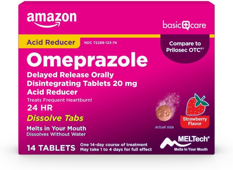 Basic Care Omeprazol Delayed Release Orally Disintegration Tablets, 20 mg, Acid Reducer, Strawberry Flavor, 14 Greve (pakke med 1)