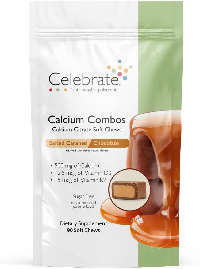 Celebrate Vitaminer Bariatric 500 mg Calcium Citrat Soft Chews Combo med 500 IE D3 Vitamin - Essential for Gastric Bypass Patienter & Knoglesundhed - Sukker & Gluten Free, Caramel Chocolate (90 Chews)