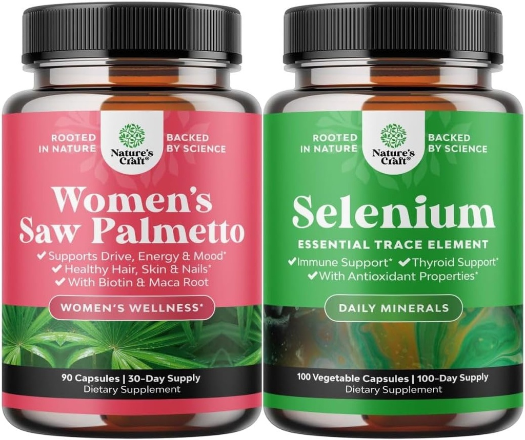 Bundle af ekstra styrke Saw Palmetto for kvinder og Pure Selenium Thyroid Support - DHT Blocker Thickening hår vitaminer til hårtab - Antioxidant supplement og naturlige immunbooster