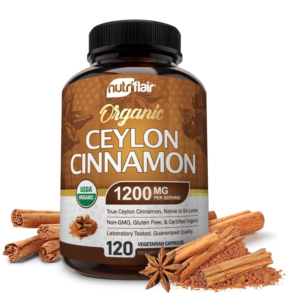 NutriFlair Organic Ceylon Cinnamon Supplement 1200mg, 120 Kapsler - USDA Certified - Non-GMO, Gluten Free Powder, Antioxidant Pills
