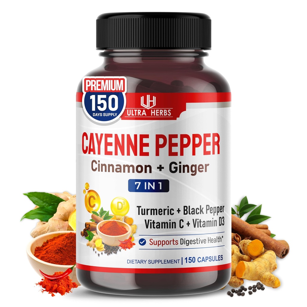 Cayenne Pepper 7 i 1 - - med ingefær, gurkemeje, kanel, sort pepper - fremmer fordøjelsessystemet funktion (150-dages levering (pakke med 1))