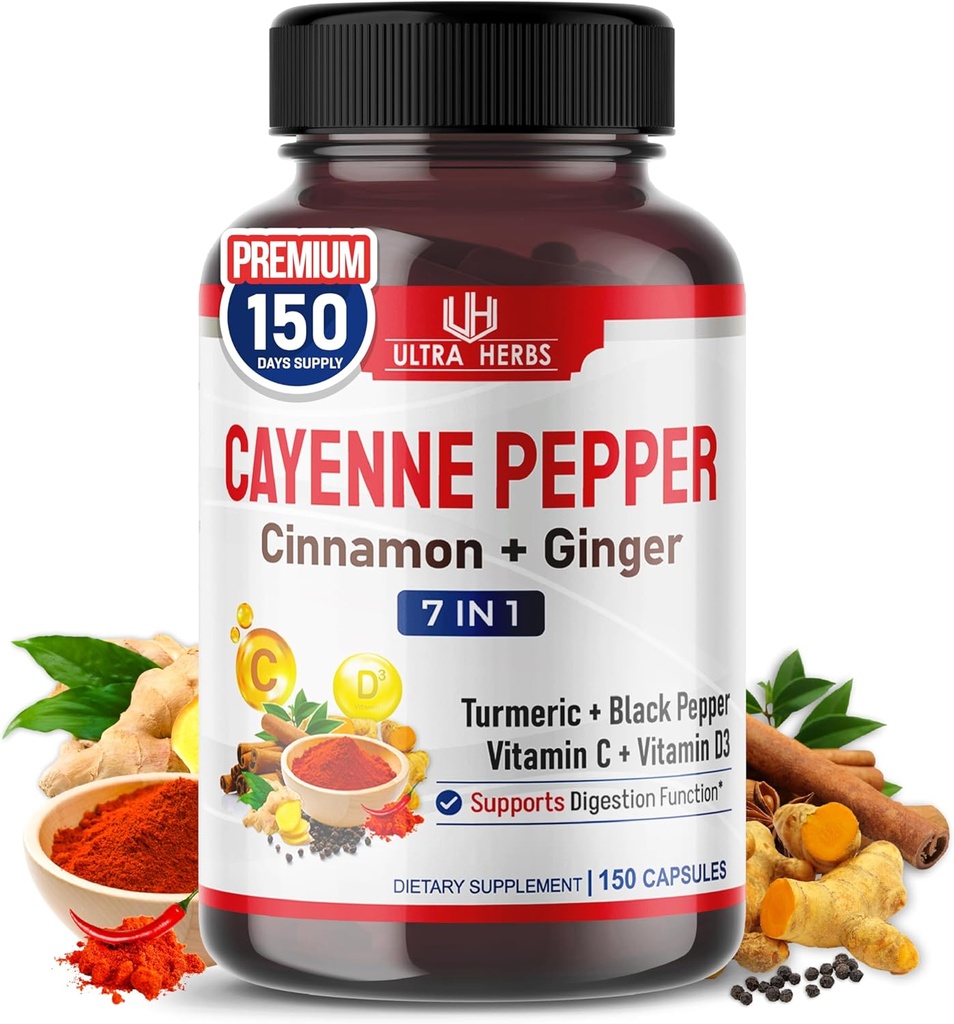 Cayenne Pepper 7 i 1 - - med ingefær, gurkemeje, kanel, sort pepper - fremmer fordøjelsessystemet funktion (150-dages levering (pakke med 1))