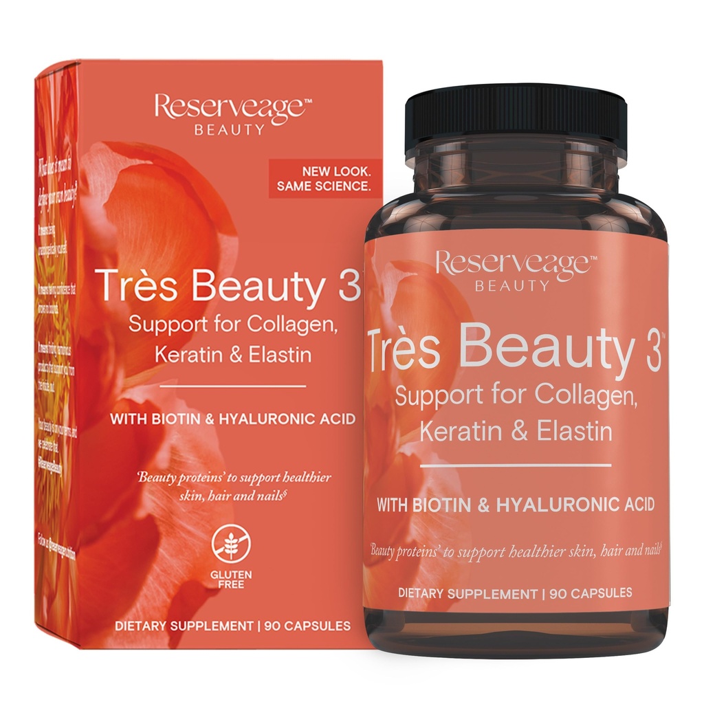 Reserveage Nutrition - Tres Beauty 3 - supplement til hårvækst, hudpleje & neglepleje - kollagen tillæg med Keratin & Biotin - Gluten Free - 90 kapsler (30 Servere)