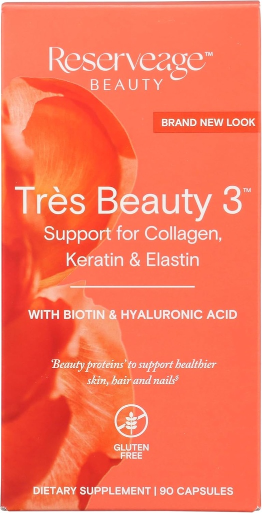 Reserveage Nutrition - Tres Beauty 3 - supplement til hårvækst, hudpleje & neglepleje - kollagen tillæg med Keratin & Biotin - Gluten Free - 90 kapsler (30 Servere)