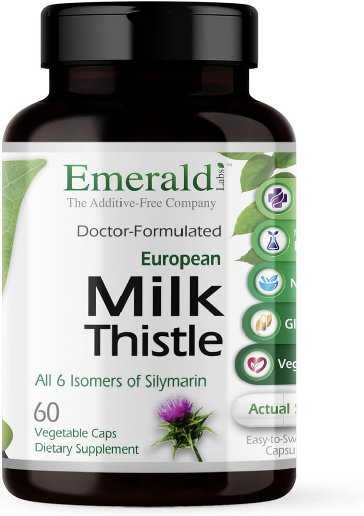 EMERALD LABS European Milk Thistle - Organic Milk Thistle Extract - Understøtter leversundhed & hjælper med at vedligeholde naturlig energi, fordøjelse & hjernesundhed - 60 vegetabilske kapsler (op til 60-dages forsyning)