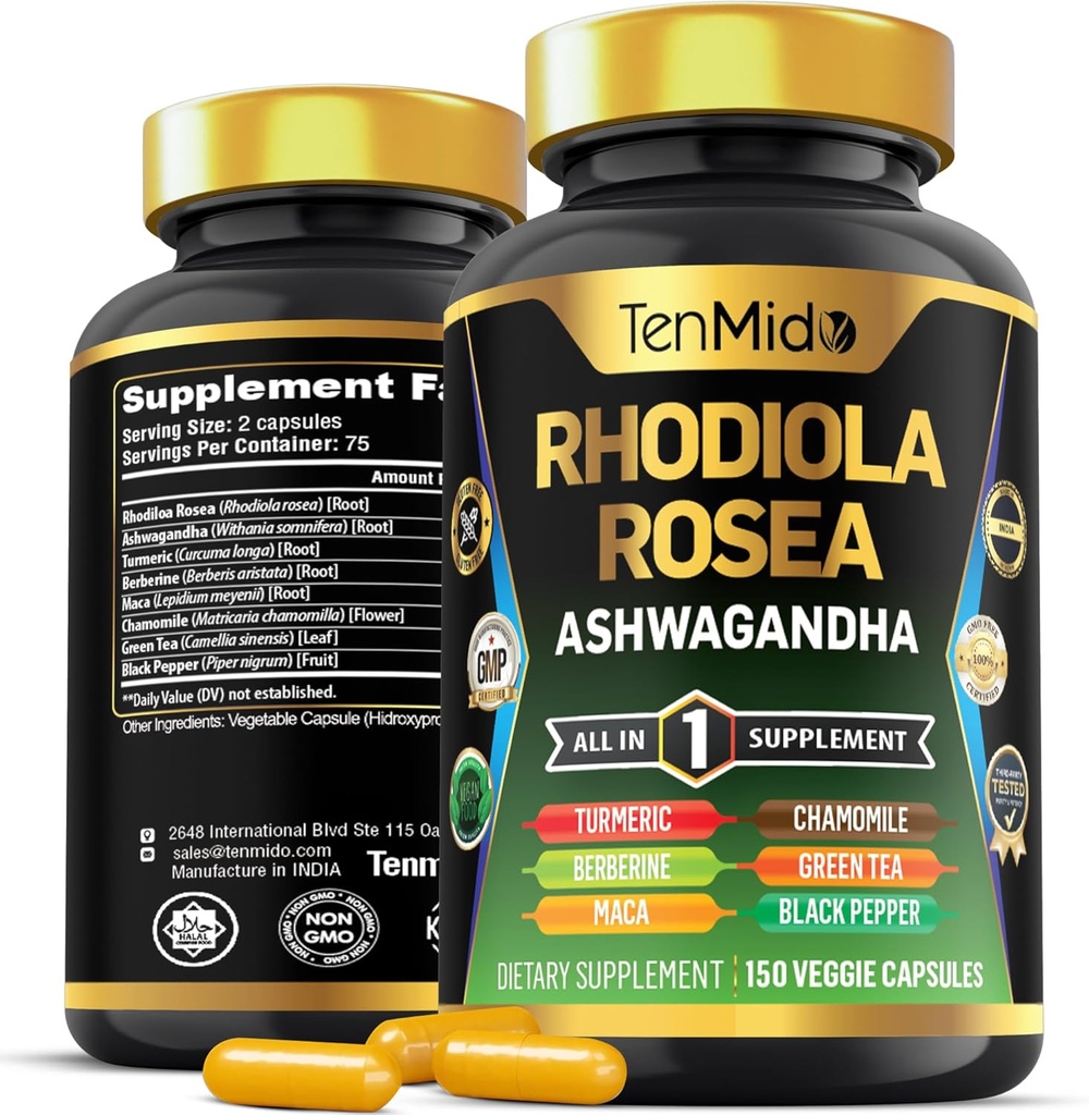 Rhodiola Rosea Supplement - 8in1 Formel - Kombiner med Ashwagandha, gurkemeje, berberine, Maca, kamille, grøn te, og sort peber - Nutrient Rich - 150 Veganske kapsler