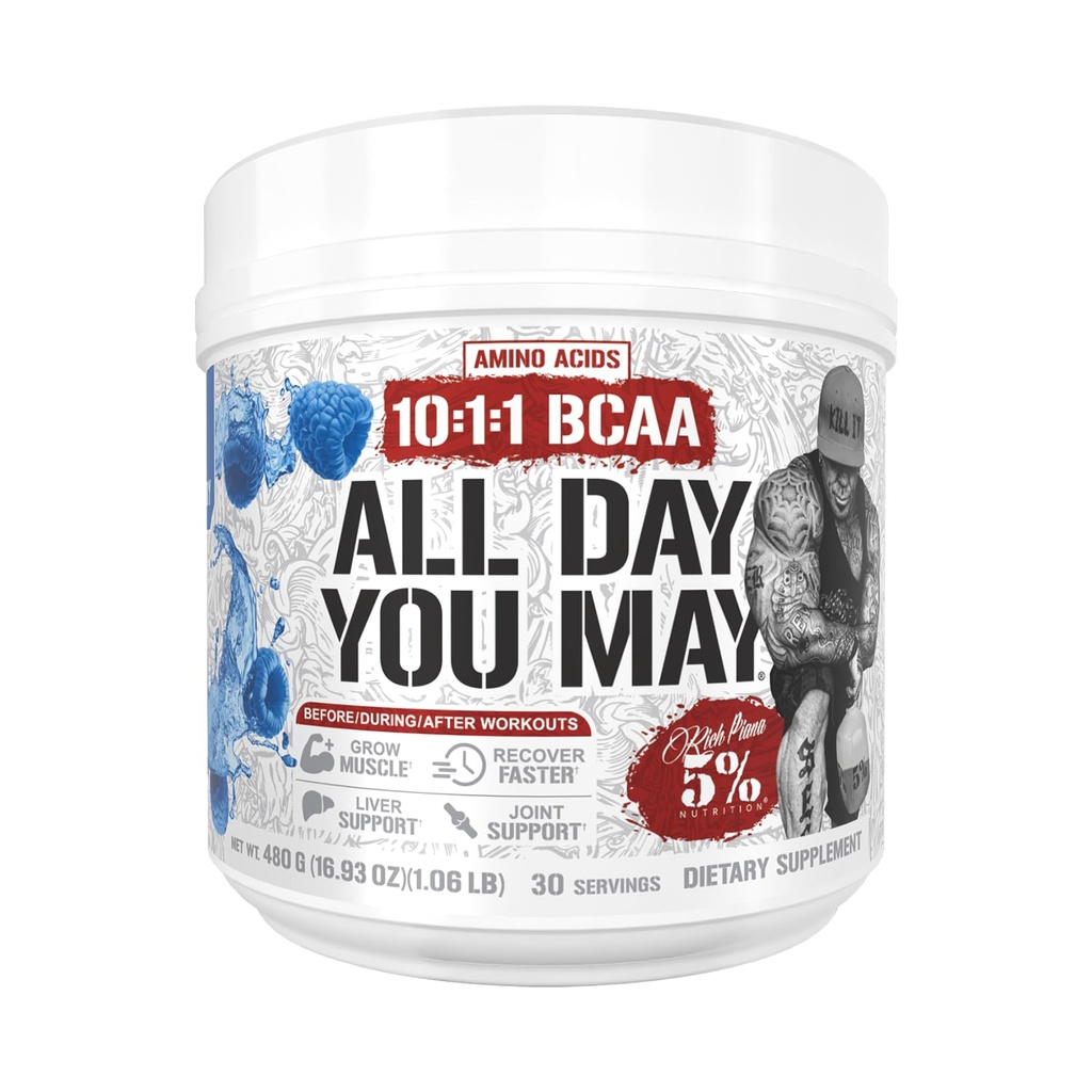 5% Nutrition Rich Piana AllDayYouMay BCAA Powder Б124; Premium Intra & Post Workout Aminosyrer, EAA, Electrolytes Б124; Hydration, Endurance, Recovery Б124; Vegan & Keto Б124; 16.4 oz, 30 Srvgs (Blue Raspberry)