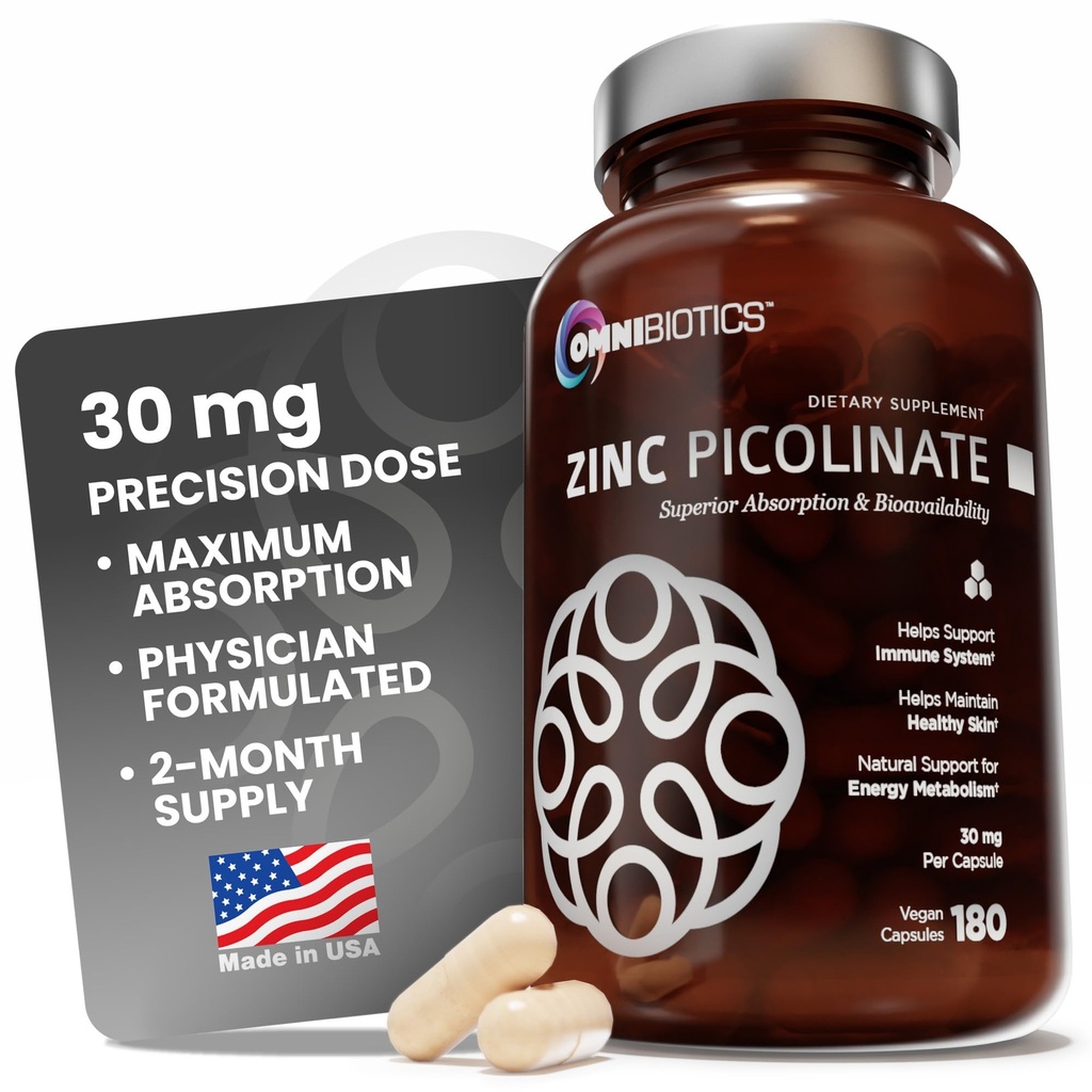 OmniBiotics Zink Picolinate 30mg Supplement - Høj Absorption Zink til immunsystem, sund hud og energistøtte - 180 Veganske kapsler