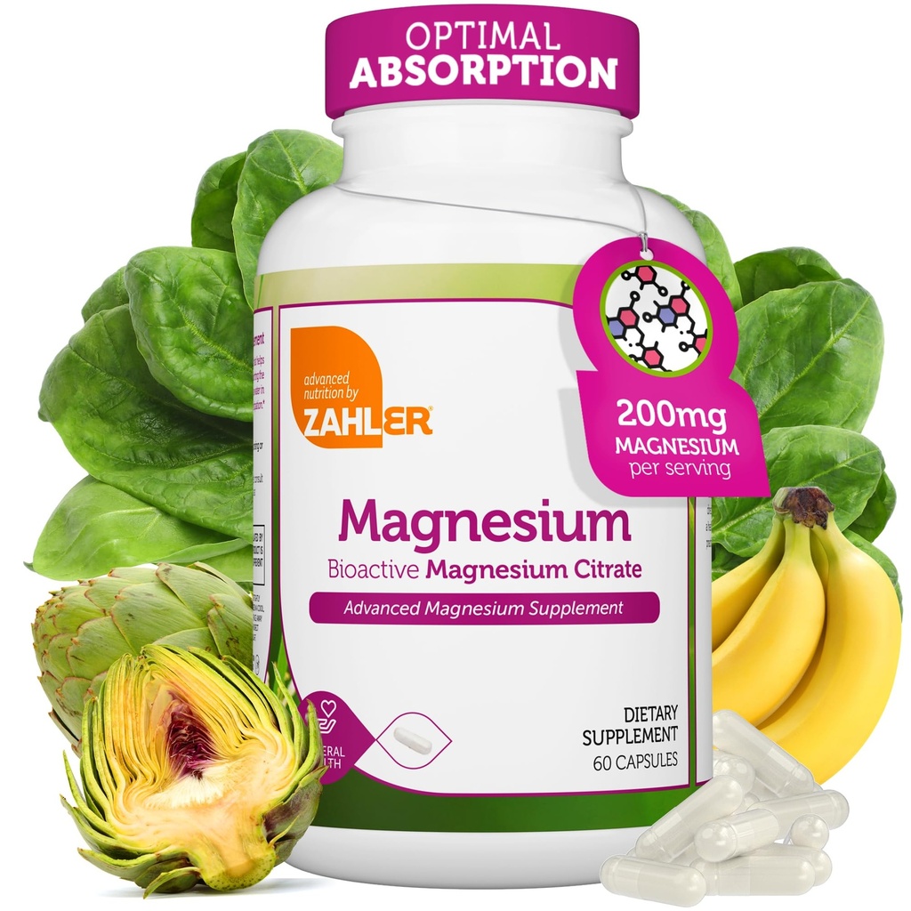 Zahler - Magnesiumtilskud Kapsler 200 mg (60 greve) Certificeret Kosher Bioactive Magnesium Citrate for Max Absorption - Natural Magnesium Mineral for mænd og kvinder - Bedste Magnesiumtilskud