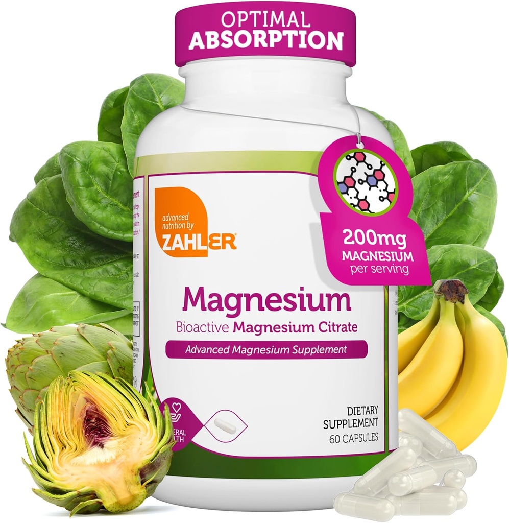 Zahler - Magnesiumtilskud Kapsler 200 mg (60 greve) Certificeret Kosher Bioactive Magnesium Citrate for Max Absorption - Natural Magnesium Mineral for mænd og kvinder - Bedste Magnesiumtilskud