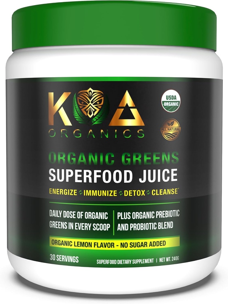 Green Superfood Juice Powder - USDA Organic Super Green Powder med Spirulina, Chlorella, Matcha, Hvede Græs, fordøjelige enzymer & probiotika - Lemon Flavor -30 ServQ