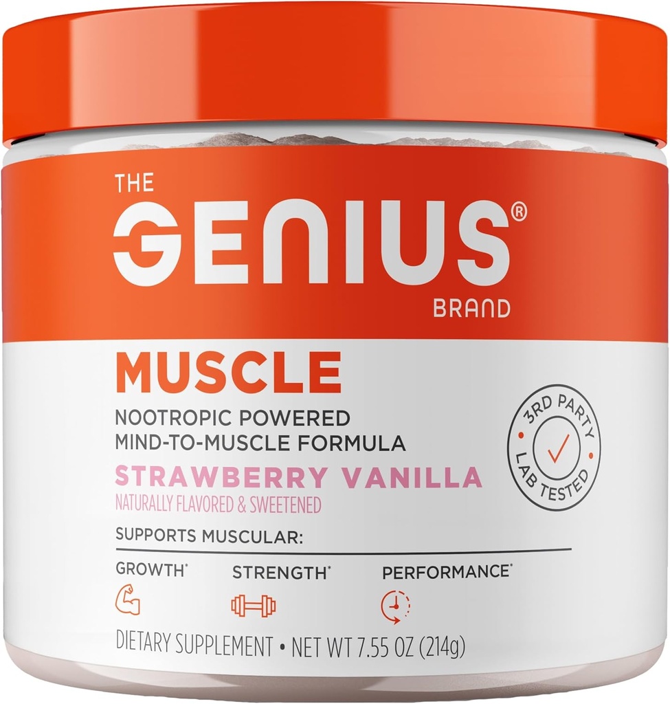 The Genius Brand Genius Muscle - Muscle Health Supplement for vækst, Endurance & Recovery - Non-Hormonal Formel - 6 Organic Mushrooms - Naturligt -Sødet - 30 Servering - Jordbær Vanilla