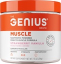 The Genius Brand Genius Muscle - Muscle Health Supplement for vækst, Endurance & Recovery - Non-Hormonal Formel - 6 Organic Mushrooms - Naturligt -Sødet - 30 Servering - Jordbær Vanilla