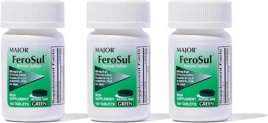 Major Ferosul - Ferrosulfate 325mg tabletter med 65mg elementært jern - jerntilskud til kvinder, mænd - grøn - 100 tabletter (3 stk.)