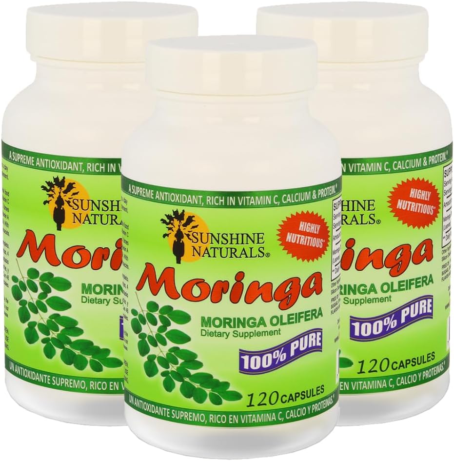 Sunshine Naturals Moringa Kosttilskud. Immunsystemet, Energy Booster, Antioxidant Support, og Nutrient- Rich Superfood. Fremme fordøjelse og hjerte sundhed. 120 Kapsler. Pakning med 3
