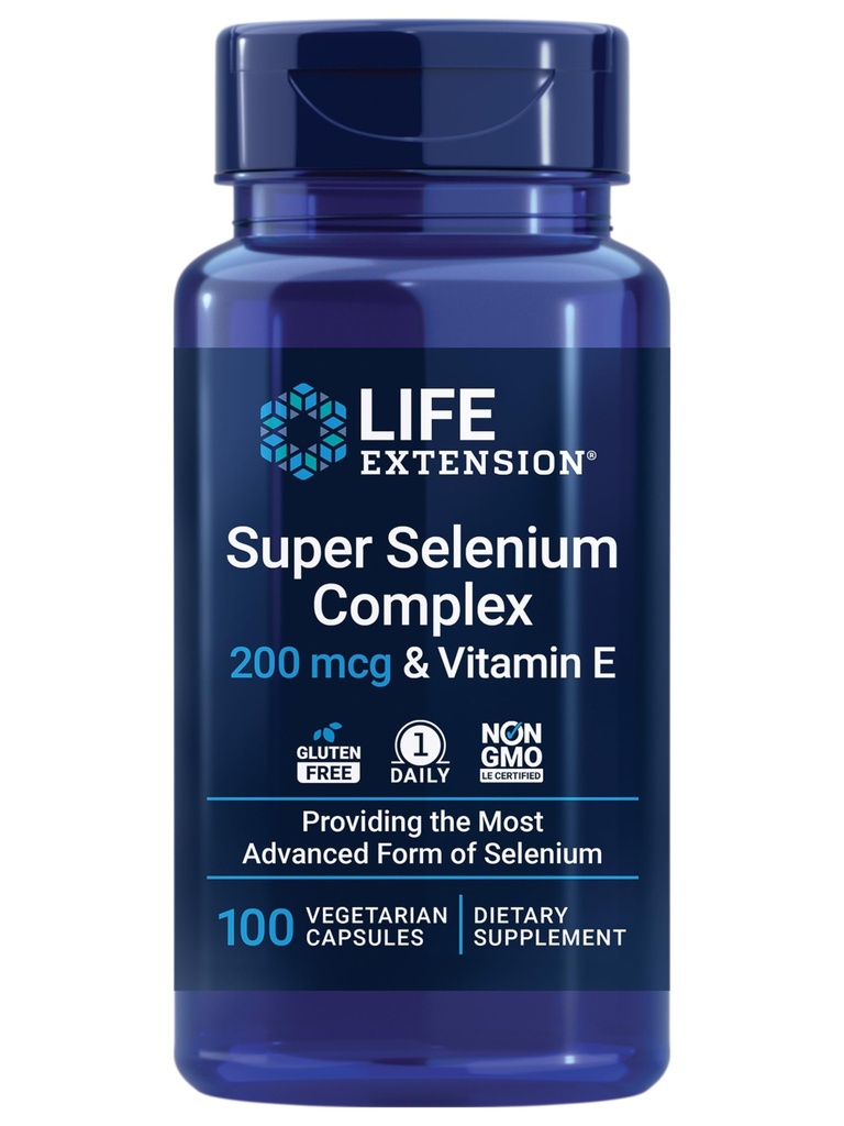 Life Extension Super Selenium Complex, 200 mcg - 3 former for Selenium, E-vitamin - Cellular Health & Longevity Support - Gluten- Free, Non- GMO, Vegetar, 1 daglige - 100 kapsler