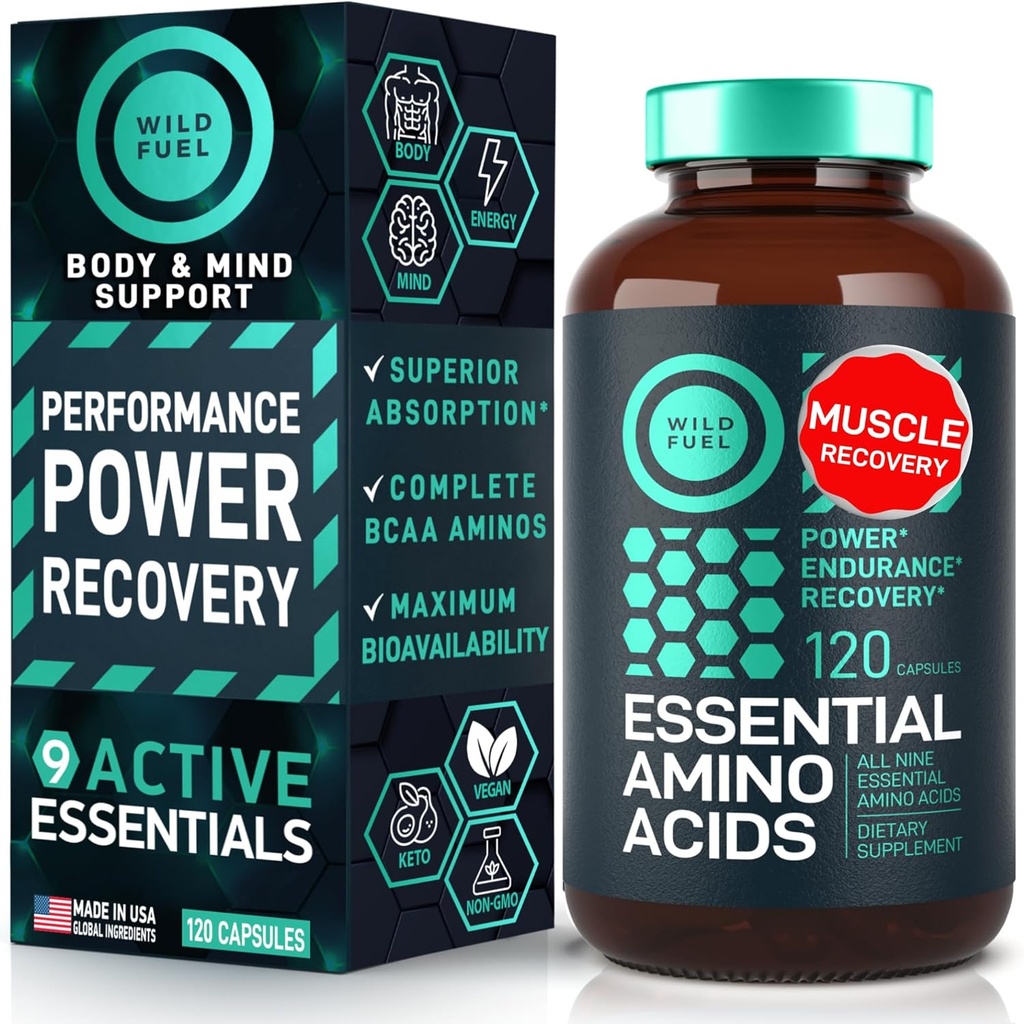 Essential Aminosyrer Supplement - Alle 9 EAA med BCAAs Aminosyrer (Leucin, Lysin, Valine, Threonin) - 3.000mg Per Serving - Muskelvækst, Power, Recovery - 120 Vegan, Koffein Gratis kapsler