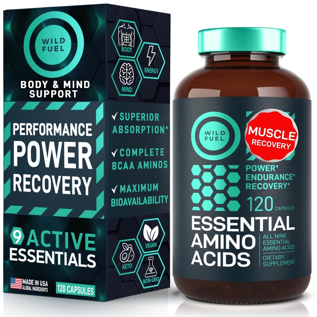 Essential Aminosyrer Supplement - Alle 9 EAA med BCAAs Aminosyrer (Leucin, Lysin, Valine, Threonin) - 3.000mg per servering - Muskelvækst, Power, Recovery - 120 Vegan, Koffein Gratis kapsler