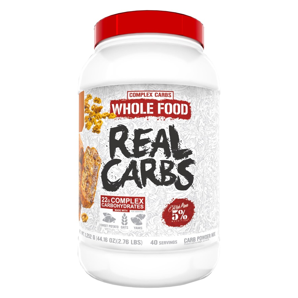 5% Nutrition Rich Piana Real Carbs med Real Food Complex Carb Powder, Langvarig lav glycemisk energi til pre- workout / post- workout recovery Meal, 2,7 Lb, 40 Servering (Banana Nut Brød)