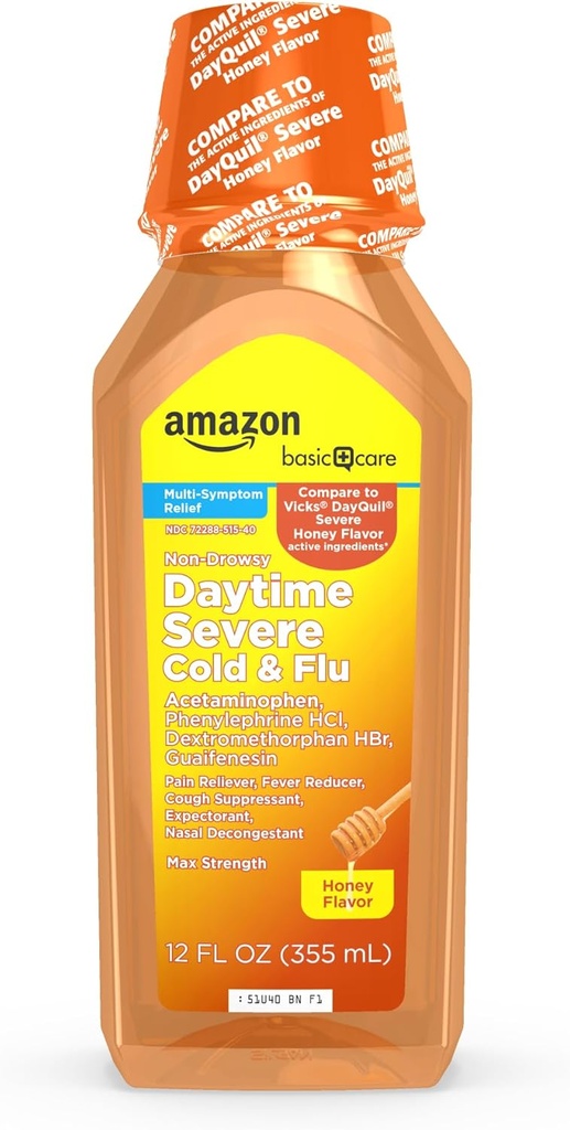 Basic Care Daytime Honey Flavor Svær Cold and Flu Relief, Flydende Medicin, 12 fl oz (pakke med 1)