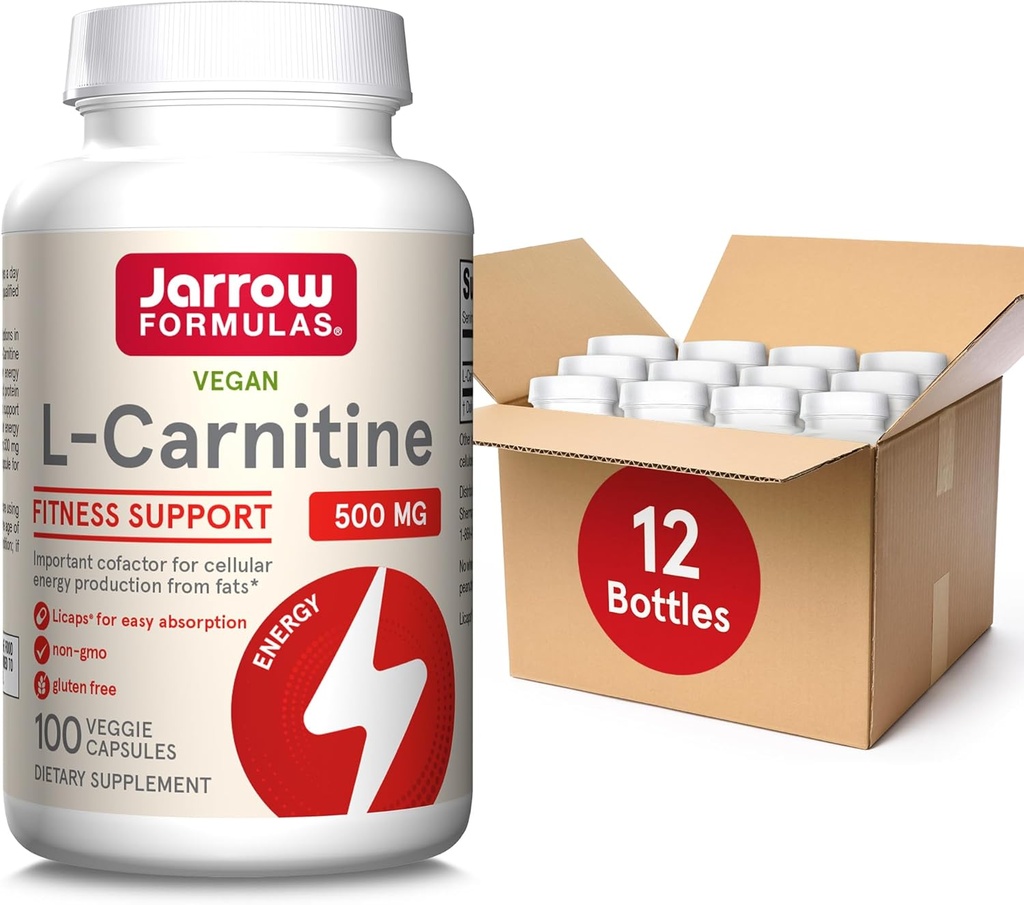 Jarrow Formulas L- Carnitin 500 mg - 100 Veggie Licaps - Vigtig medfaktor for energiproduktion (ATP) fra Fedtstoffer - Kosttilskud - Vegan - Op til 100 Servering, Pack af 12