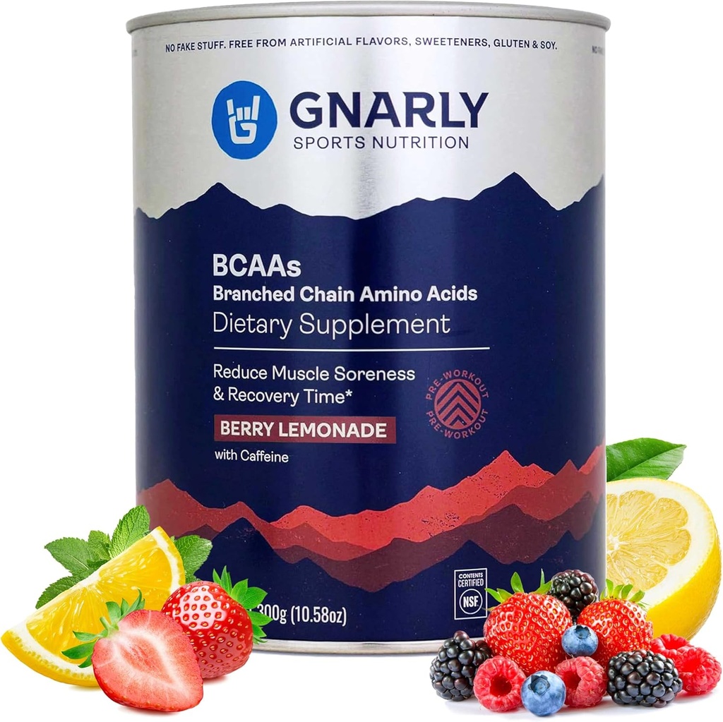 Gnarly Nutrition BCAA Powder, Berry Lemonade - Pre-workout BCAAS Aminosyrer - NSF Sport Certified - Supplement til støtte og genopbygge muskel - Berry Lemonade med koffein, 10.58 oz