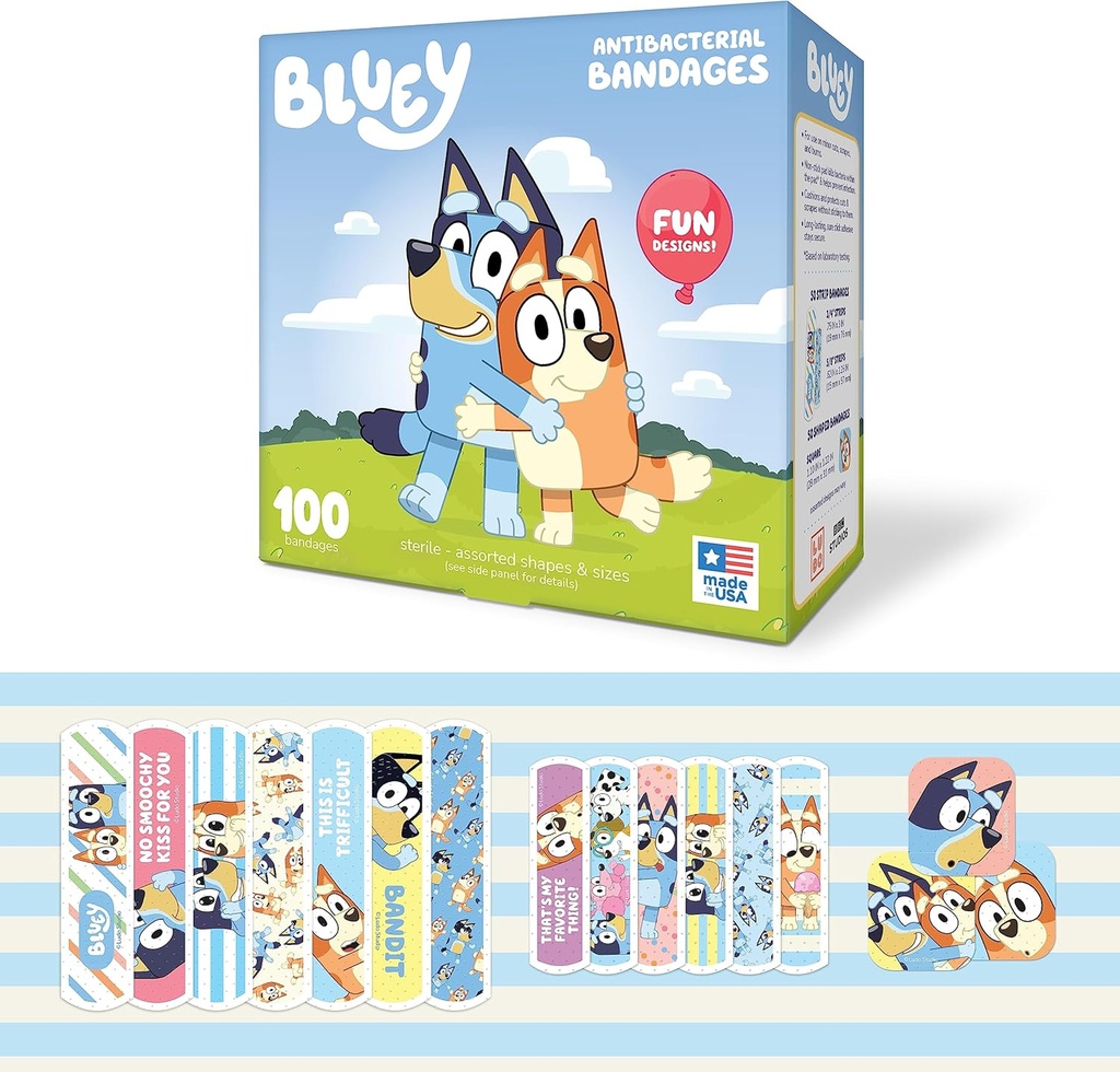 Bluey Kids Bandages, 3 Diverse størrelser 100 CT-124; Bær ligesom klistermærker, Fleksible Adhesive Bandages til Minor Cuts, Scrapes, og Burns. Stor gave idé og stocking Stuffer